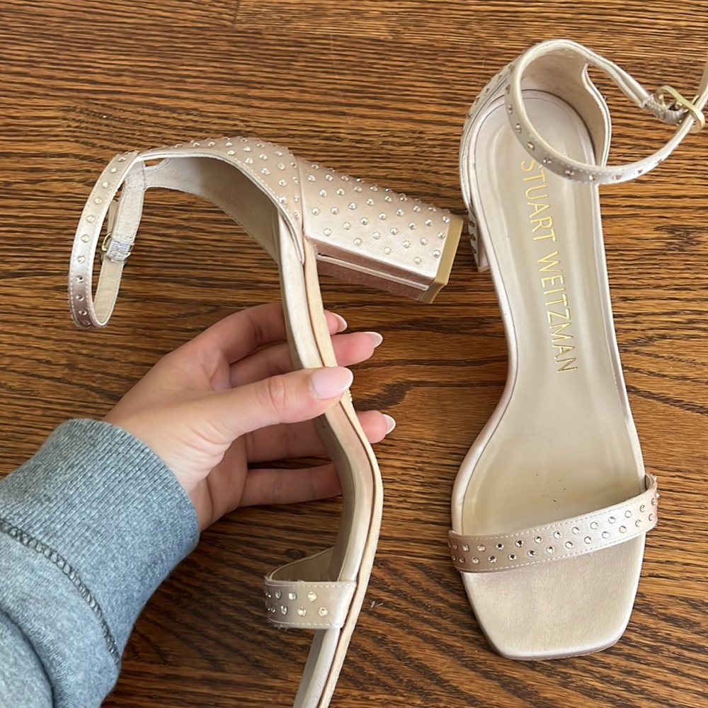 Stuart Weitzman Nudistcurve Block Heel In Satiny … - image 3